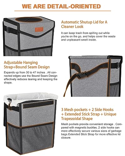 Car Trash Can with Lid Leakproof Car Garbage Bag Vehicle Trash Bin (2 Gallons / Grey)