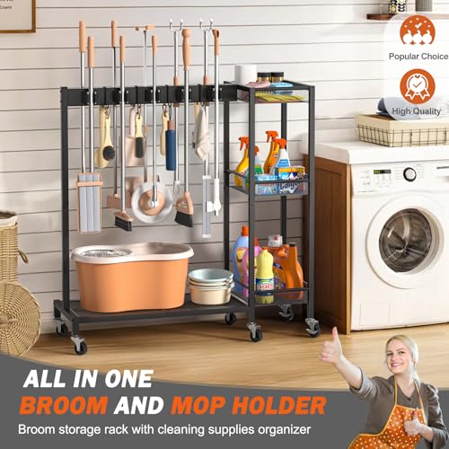 Broom Holder with Cleaning Supplies Organizer (Large)