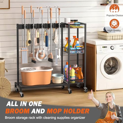 Broom Holder with Cleaning Supplies Organizer (Large)