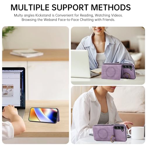 Compatible with Samsung Galaxy S23 Plus S23+ 5G Wallet Case and Screen Protector Crossbody Shoulder Strap Stand Magnetic Car Mount Cell Phone Cover for S23plus 23S + S 23 23+ SM (Purple / for S23 Plus)