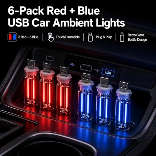 6 Pack USB Car Night Light (3Red&3Blue)