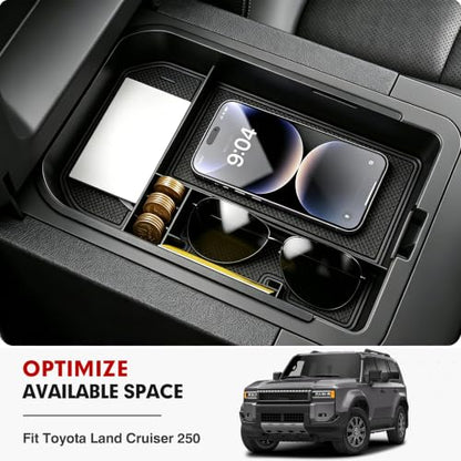 Center Console Organizer for 2024 2025 2026 Toyota Land Cruiser 250 Prado J250 LC250 Accessories Armrest Storage Box Secondary Insert Tray with Black & Red Silicone Mats (2024-2026 Toyota Land Cruiser)