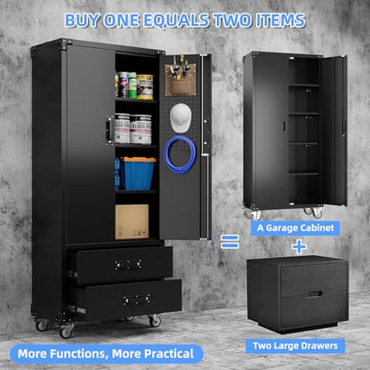 Rolling Storage Cabinet with 2 Doors and 2 Drawers (Black / 15.2"D x 30"W x 71.2"H)