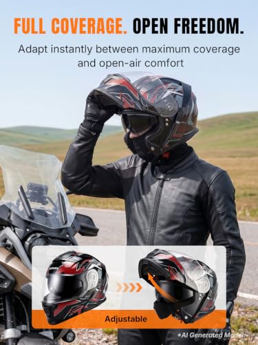 Modular Motorcycle Helmets Full Face Flip up Street Bike Motorcycle Helmet for Unisex Adult Red (Red / Large)