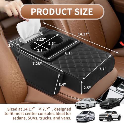 5-in-1 Car Armrest Cushion, Multifunctional PVC Leather Center Console Armrest Pillow Elbow, Universal Arm Box Pad Cover with Cup Holder, Phone Slot, Tissue Box Slot & 2 Storage Bags, Beige (Beige)