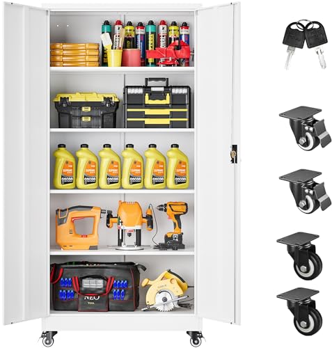 75" Tall Metal Storage Cabinet with Wheels (75"H x 31.5"W x 16"D / White)