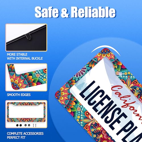 Mandala License Plate Frame Stainless Steel Car Accessory 6.3 x12.3 inch (Boho Hippie Mandala Flowers)