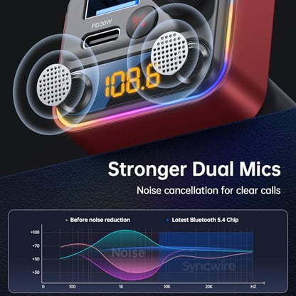 Bluetooth 5.4 FM Transmitter Car Adapter 42W [Light Switch] [Stronger Dual Mics] [HiFi Deep Bass] [Fast Charging] Wireless FM Radio Music Adapter Hands (Red)