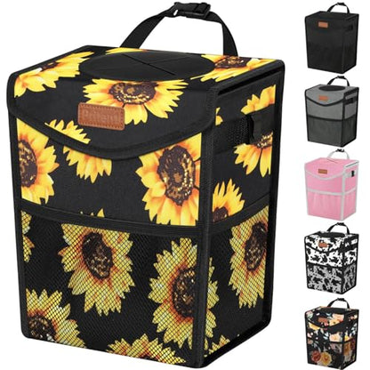Car Trash Can with Lid Leakproof Car Garbage Bag Vehicle Trash Bin (2 Gallons / Black Sunflower)
