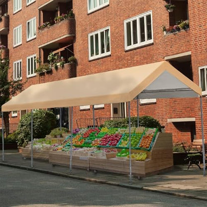 Carport Replacement Canopy Cover for Car Tent Top Garage Shelter Cover Tarp with Ball Bungees (Beige / 10' x 20')