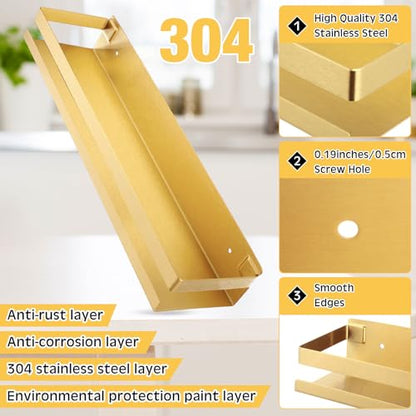 2 Pieces Stainless Steel Shelf Bathroom Shower Floating Shelves Wall Mounted Shower Caddy Basket Shelf Storage Organizer Shelves for Bathroom (15.75 Inch/ 40 cm / Gold)