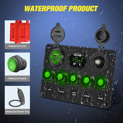 5 Gang Multi Function Waterproof Switch Panel Green (Waterproof Type C + USB Green)