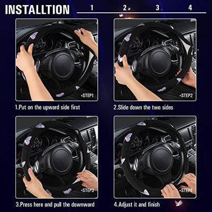 Purple Embroidery Butterfly Steering Wheel Cover (Black and Purple)