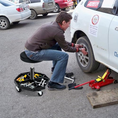 Rolling Mechanic Stool with Removable Tool Tray & Padded Cushion (Bottom Tool Tray / Black)