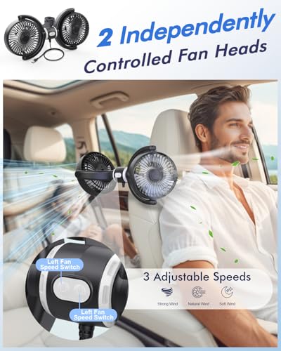 Car Fan USB Powered for Baby Backseat with 3 Speed Separately Controlled (Black+Gray)