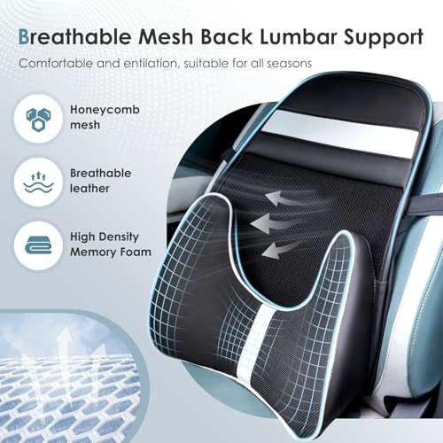 Memory Foam Double Layer Breathable Mesh Lumbar Support Ergonomic Leather Lumbar Support Pillow with 3D Mesh Back Support and Adjustable Strap for CarSeat & Office Chair (Leather Black)