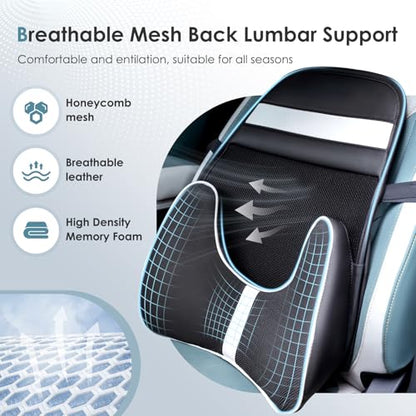 Memory Foam Double Layer Breathable Mesh Lumbar Support Ergonomic Leather Lumbar Support Pillow with 3D Mesh Back Support and Adjustable Strap for CarSeat & Office Chair (Leather Black)