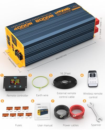 4000W Pure Sine Wave Power Inverter DC 12V to AC 110V 120V for Home RV with Dual AC Outlets 1 USB (4000W- 12V)