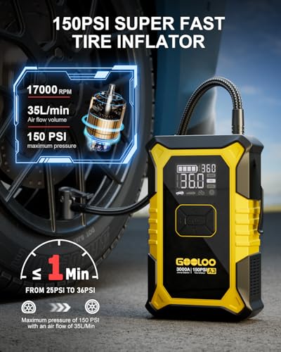 A3 12V 3000A Portable Jump Starter with Air Compressor (Yellow)