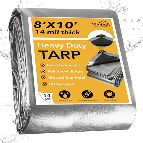 Heavy Duty Tarp 14 Mil Tarp Waterproof Silver 8x10 FT (Silver/Black-14mil / 8'x10')