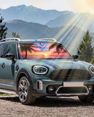 Sunset Beach Car Windshield Sun Shade Compatible with BMW MINI Cooper F55 2014 (for mini cooper F55 2015-2024 - Sunset Beach)