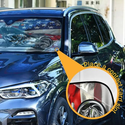 Car Windshield Sun Shade Black Motorcycle with American Flag Foldable Car Front Windshield Sunshade Blocks UV Rays Sun Visor Sun Heat Protection for Car Truck SUV to Keep Your Vehicle Cool (Small / Motorcycle with American Flag)