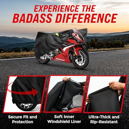 Waterproof Motorcycle Cover Street & Sport Bikes (Badass Black / [S] 86"L x 36"W x 50"H)