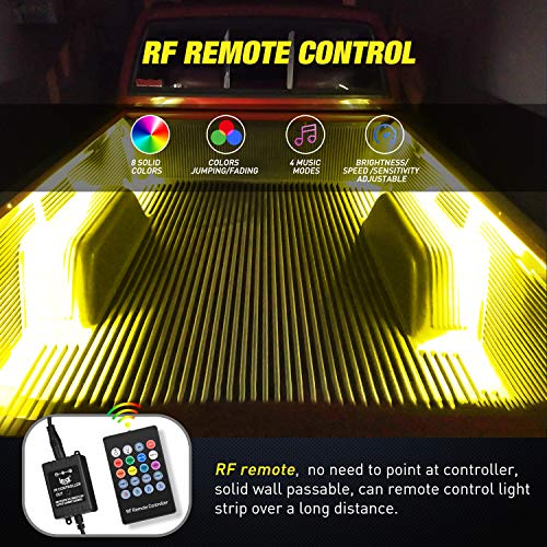 TL 31 2PCS 60Inch RGB Truck Bed Light Strip Kit 180 LED RF Remote Control with On Off Switch Blade Fuse 2Way Splitter Extension Cable for Cargo Pickup Truck SUV RV Boat (2Pcs 60Inch RGB Bed Strip w/Remote)