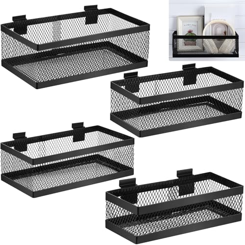 4 Pcs Black Slatwall Baskets 4 Size Metal Mesh Wire Basket for Slatwall Panels Ventilated Wall Mounted Hanging Accessories for Home Garage Retail Store Display (13.5,14.5,15.5,16.5 Inches)