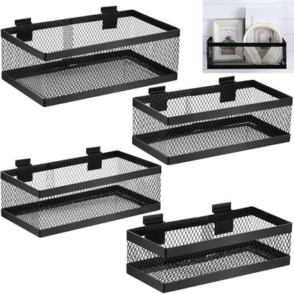 4 Pcs Black Slatwall Baskets 4 Size Metal Mesh Wire Basket for Slatwall Panels Ventilated Wall Mounted Hanging Accessories for Home Garage Retail Store Display (13.5,14.5,15.5,16.5 Inches)