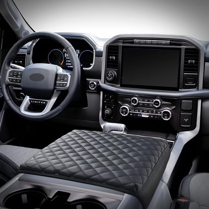 F150(2021-2025) Center Console Cover, Thick Armrest Cushion, Funda para consola de coche, Car Interior, Vegan Leather, Armrest Protector (2021~2025, Full Cover Black), F150 Accessories (2021~2025 / FULL COVER BLACK)