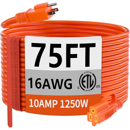 Indoor Outdoor Orange Extension Cord 75 FT Waterproof 16 (75 FT / 16/3 Extension Cord / Orange)