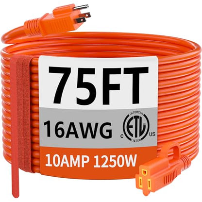 Indoor Outdoor Orange Extension Cord 75 FT Waterproof 16 (75 FT / 16/3 Extension Cord / Orange)