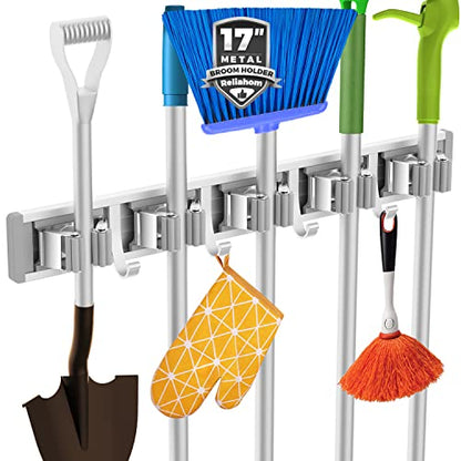 Broom Holder Wall Mount Mop Hanger Tools organizer 5Racks 4Hooks (Silver)