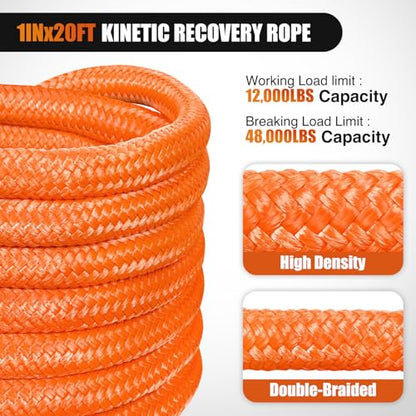 Kinetic Recovery Rope Kit with Soft Shackle Towing Strap (1in x 20ft Rope + 2Pcs Soft Shackle)