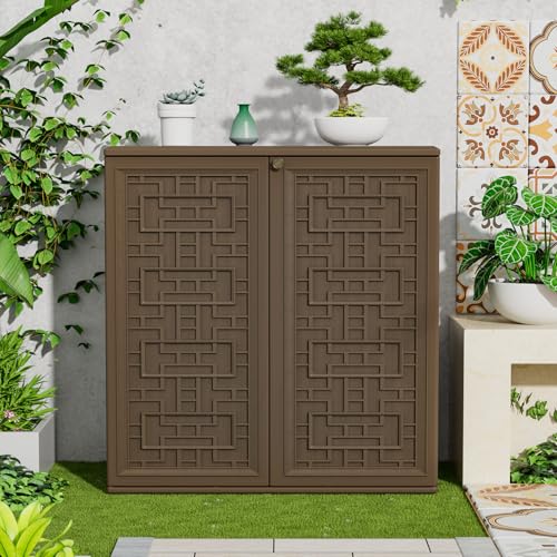 Indoor Outdoor Storage Cabinet with Doors and Shelf (Brown)