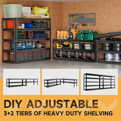 5 Tier 60" W x 20" D x 72" H Garage Shelving Metal Storage Rack 3000LBS Garage Shelving Heavy Duty Adjustable Storage Shelves Unit for Industrial Warehouse Basement Utility Shelf (Black-hidden Hole / 60"W x 20"D x 72"H)