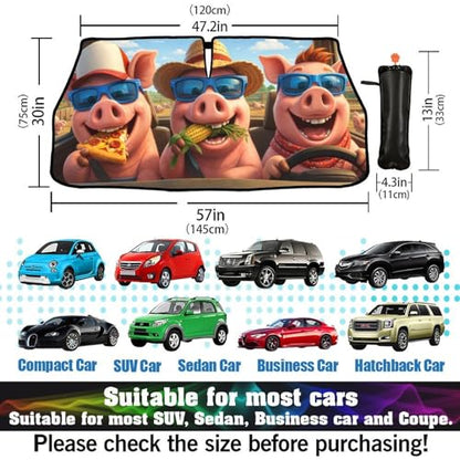 Funny Pig Car Windshield Sun Shade Umbrella Bendable Handle Foldable Animal Sunshade for Car Windshield Block UV Rays Keep Vehicle Cool for Most Sedans SUV Trucks Cars 57"x30" (147*75cm,33*11cm / Funny Pig)