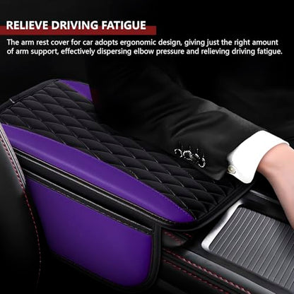 Leather Car Center Console Cover with Side Storage Pockets (BlackPurple)