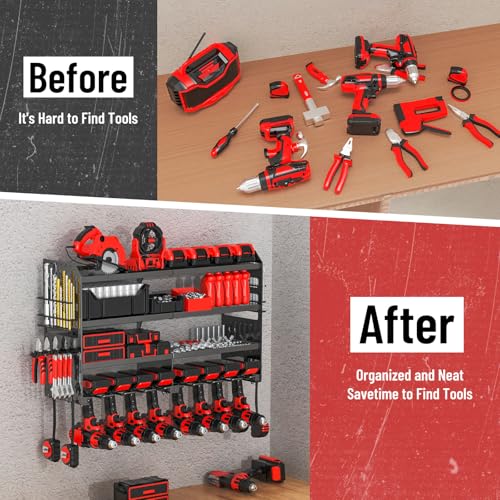 Large Power Tool Organizer Wall Mount with Charging Station (Black)
