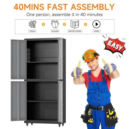 71" H Metal Tool Storage Cabinet with Lock and Wheels (Black&gray / 71"H(4-Door))