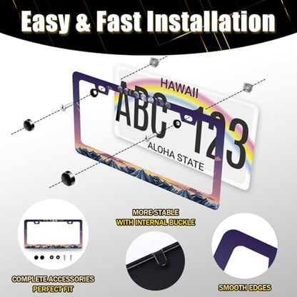 Moon Phase License Plate Frame Stainless Steel Mountains License Holder (Moon Phase Colorful Mountains)