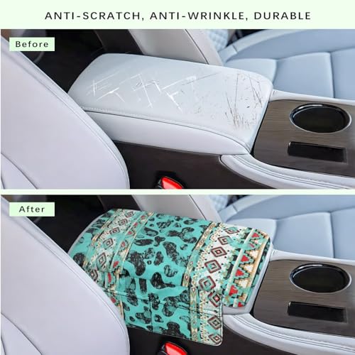 Aztec Cow Print Teal Auto Center Console Armrest Cover Arm Rest Seat Box Protective Cover with Side Storage Pockets Comfortable Middle Console Pad for Car Side Storage Box (Aztec Cow Print Teal)