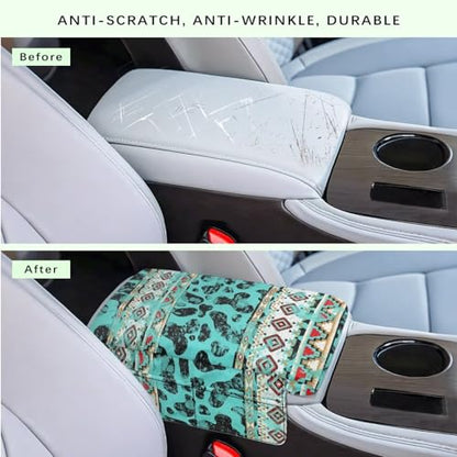 Aztec Cow Print Teal Auto Center Console Armrest Cover Arm Rest Seat Box Protective Cover with Side Storage Pockets Comfortable Middle Console Pad for Car Side Storage Box (Aztec Cow Print Teal)
