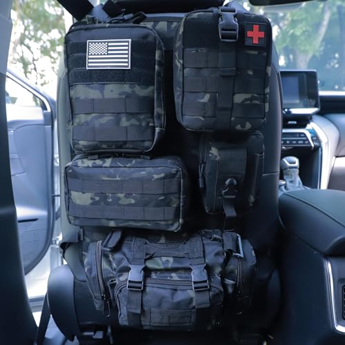 Universal Tactical Seat Back Organizer Vehicle Molle Panel Organizer Storage Bag with 5 Detachable Molle Pouch for All Vehicel Such as Jeep (A model-Black Camo)