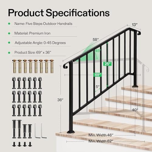 5 Step Railing 69"x36" Wrought Iron with Curved & Balusters Black (Black / 5 Steps)