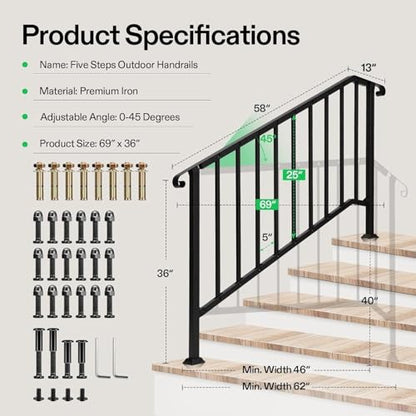 2-Pack 5-Step Railing 69"x36" Wrought Iron with Curved & Balusters (Black / 5 Steps)