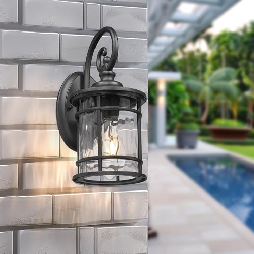 Outdoor Wall Sconces 2 Pack (Black - Water Ripple Glass / 12.4 Inch)