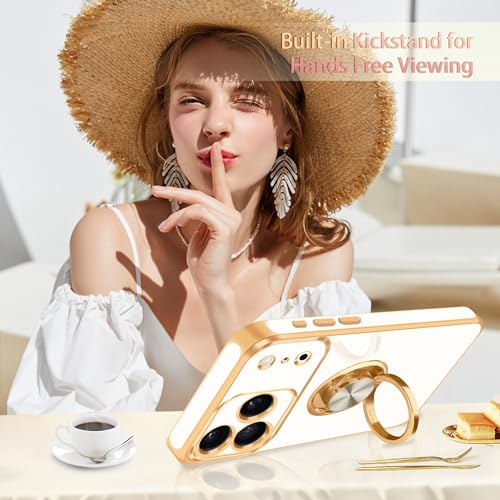 for iPhone 17 Pro Case 360° Rotatable Ring Holder Kickstand Shiny (For iPhone 17 Pro(6.3 inch,2025) / B-White)