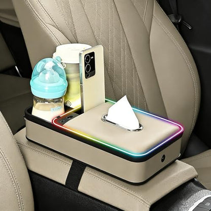 Car Armrest Storage Box with LED Ambient Light (Beige)